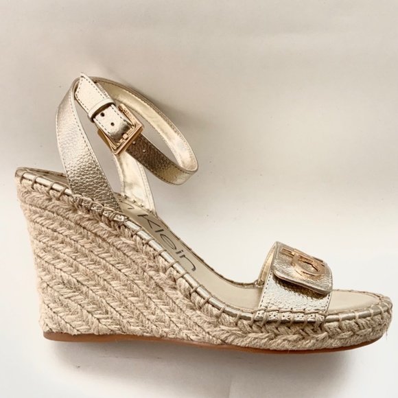 Calvin Klein Karla Gold Leather Espadrille Platform Wedge Slingback Sandals 9.5 - Picture 6 of 13
